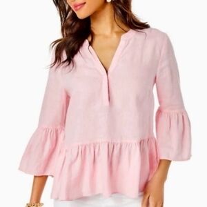 Lilly Pulitzer Bekah 3/4 Sleeve Ruffled Linen Top Size Medium Pink
